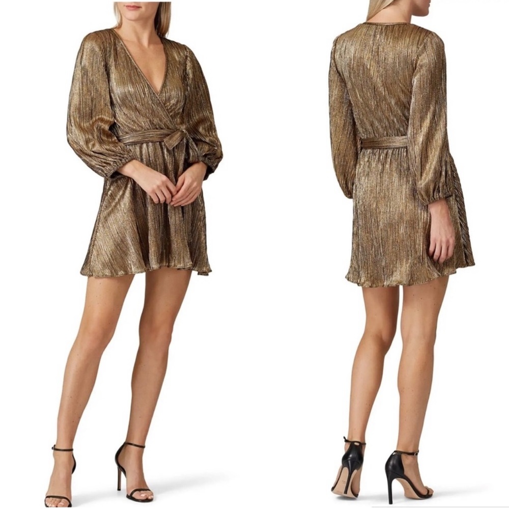 New With Tags Bardot Belissa Gold Black Pleated Long Sleeve Wrap Dress Size 10